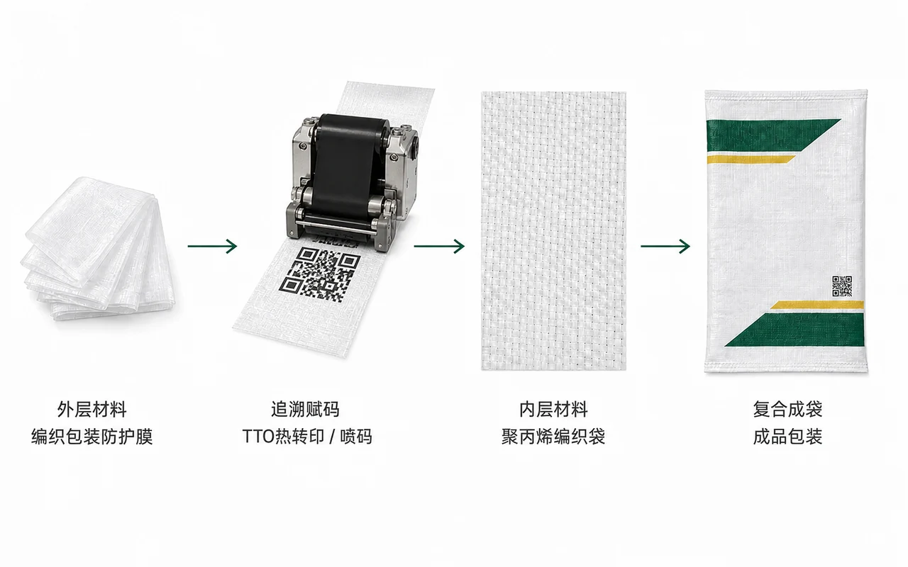 流程示意：外层防护膜经追溯赋码，与聚丙烯编织袋复合形成无品牌成品包装